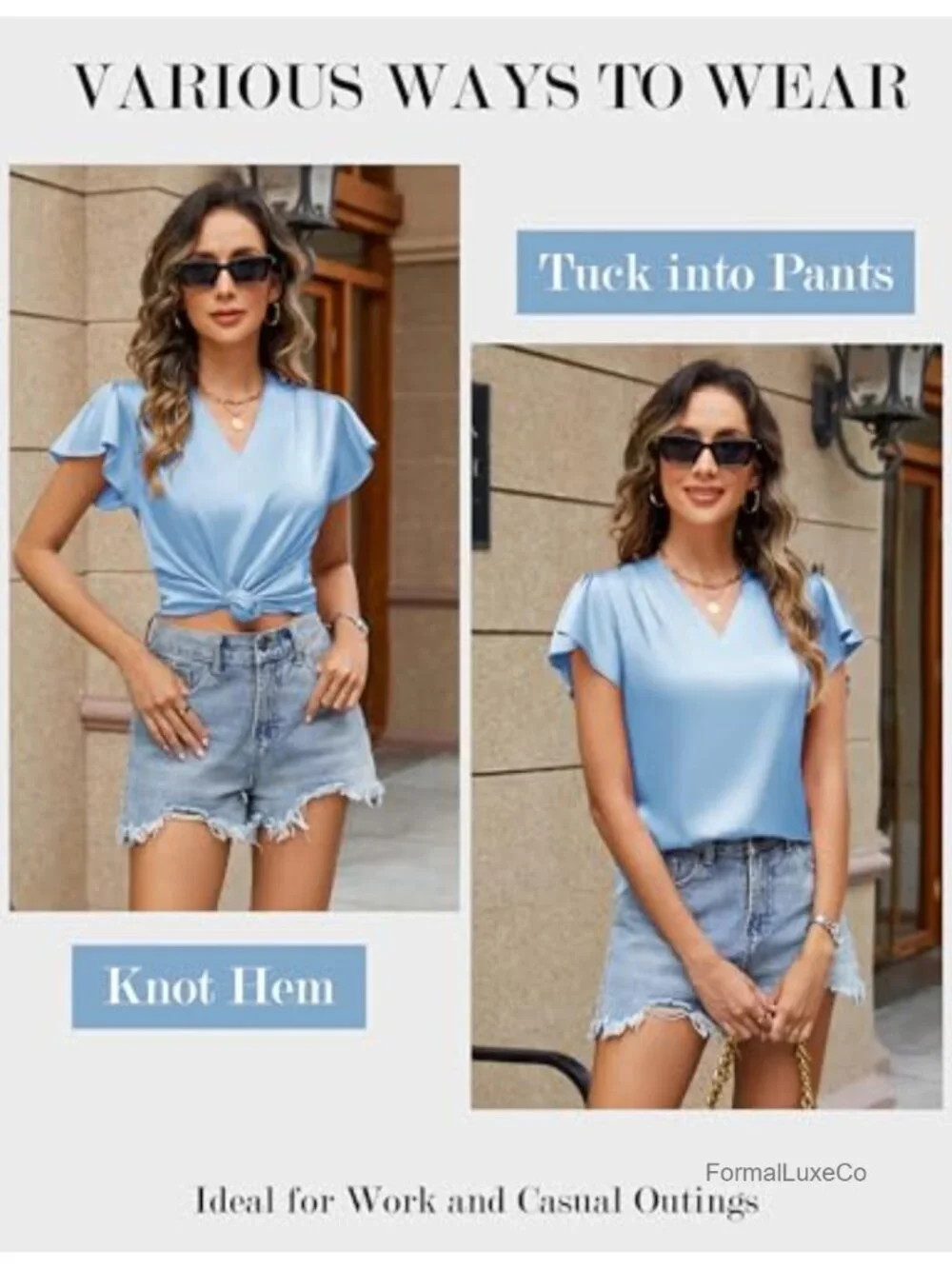 Women's Satin Ruffle Short Sleeve Blouse V-Neck Flowy Business Casual Top